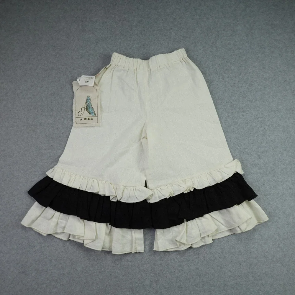 A.Bird Ruffle Outfit Set Girls 2/3 Cream Black Boutique Linen Lacy Pant